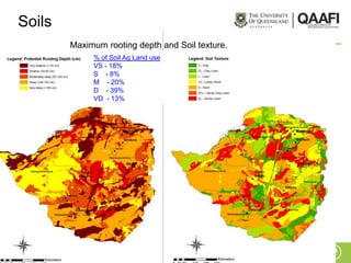 Soils
        Maximum rooting depth and Soil texture.
             % of Soil Ag Land use
             VS - 18%
             S - 8%
             M - 20%
             D - 39%
             VD - 13%
 