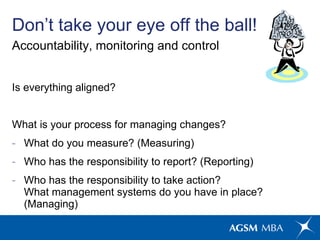 <ul><li>Accountability, monitoring and control </li></ul><ul><li>Is everything aligned?  </li></ul><ul><li>What is your pr...