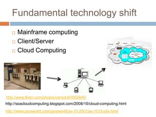Fundamental technology shift
      Mainframe computing
      Client/Server
      Cloud Computing




http://www.flickr.com/photos/carrick/61952845/
http://soacloudcomputing.blogspot.com/2008/10/cloud-computing.html
http://www.javaworld.com/javaworld/jw-10-2001/jw-1019-jxta.html
 