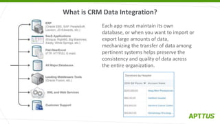 What is CRM Data Integration?
Each app must maintain its own
database, or when you want to import or
export large amounts of data,
mechanizing the transfer of data among
pertinent systems helps preserve the
consistency and quality of data across
the entire organization.
 
