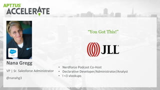 VP | Sr. Salesforce Administrator
Nana Gregg
“You Got This!”
@nanahg3
• Nerdforce Podcast Co-Host
• Declarative Developer/Administrator/Analyst
• I <3 vlookups
 