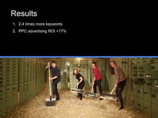Results
1. 2.4 times more keywords
2. PPC advertising ROI +17%
 