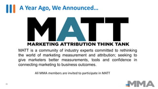 A Year Ago, We Announced…
21
MATT is a community of industry experts committed to rethinking
the world of marketing measurement and attribution; seeking to
give marketers better measurements, tools and confidence in
connecting marketing to business outcomes.
All MMA members are invited to participate in MATT
 