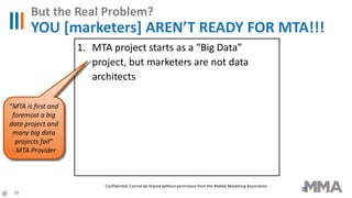 1. MTA project starts as a “Big Data”
project, but marketers are not data
architects
But the Real Problem?
YOU [marketers] AREN’T READY FOR MTA!!!
“MTA is first and
foremost a big
data project and
many big data
projects fail”
- MTA Provider
33
Confidential: Cannot be shared without permission from the Mobile Marketing Association
 
