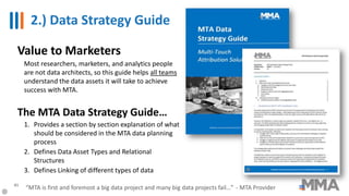 Value to Marketers
Most researchers, marketers, and analytics people
are not data architects, so this guide helps all teams
understand the data assets it will take to achieve
success with MTA.
The MTA Data Strategy Guide…
1. Provides a section by section explanation of what
should be considered in the MTA data planning
process
2. Defines Data Asset Types and Relational
Structures
3. Defines Linking of different types of data
2.) Data Strategy Guide
41
“MTA is first and foremost a big data project and many big data projects fail…” - MTA Provider
 