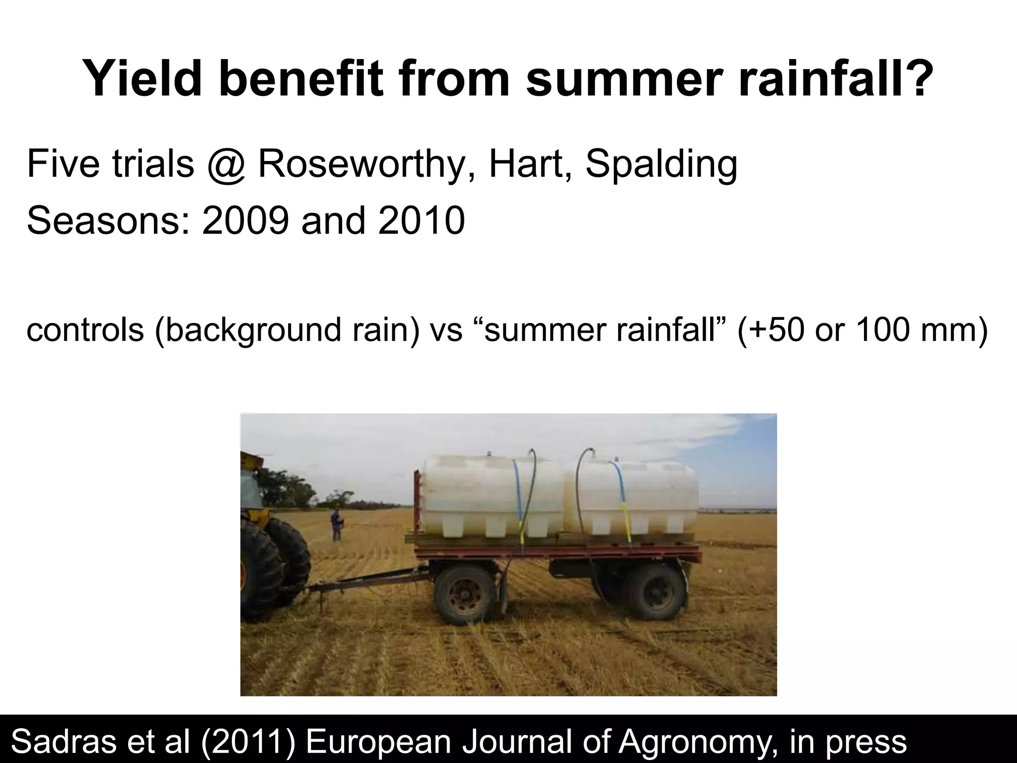 Yield benefit from summer rainfall?
 Five trials @ Roseworthy, Hart, Spalding
 Seasons: 2009 and 2010

 controls (background rain) vs “summer rainfall” (+50 or 100 mm)




Sadras et al (2011) European Journal of Agronomy, in press
 