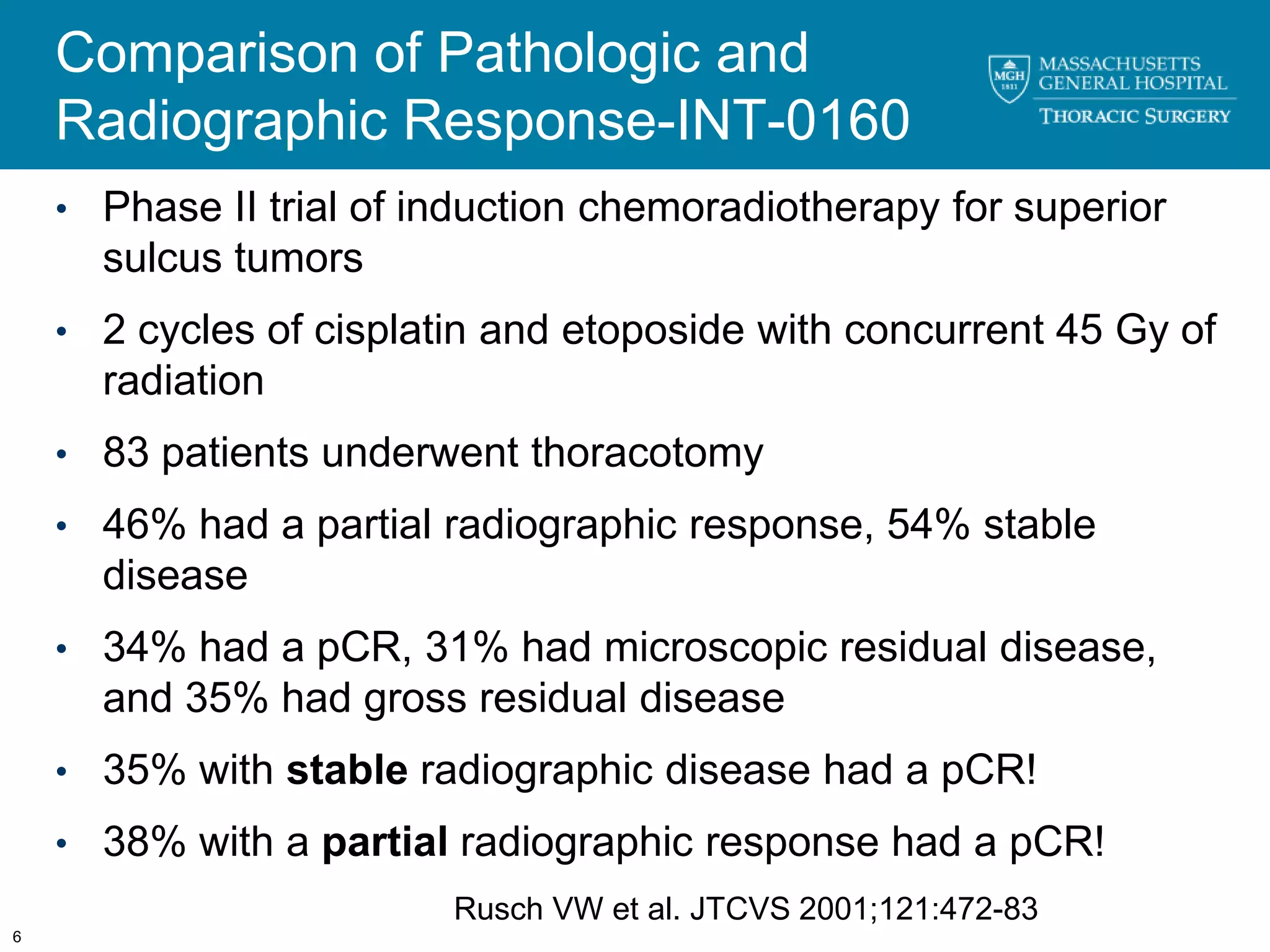 Comparison of Pathologic and
    Radiographic Response-INT-0160
    • Phase II trial of induction chemoradiotherapy for superior
      sulcus tumors
    • 2 cycles of cisplatin and etoposide with concurrent 45 Gy of
      radiation
    • 83 patients underwent thoracotomy
    • 46% had a partial radiographic response, 54% stable
      disease
    • 34% had a pCR, 31% had microscopic residual disease,
      and 35% had gross residual disease
    • 35% with stable radiographic disease had a pCR!

    • 38% with a partial radiographic response had a pCR!
                         Rusch VW et al. JTCVS 2001;121:472-83
6
 