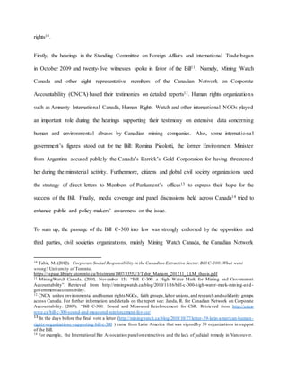 rights10.
Firstly, the hearings in the Standing Committee on Foreign Affairs and International Trade began
in October 2009 and twenty-five witnesses spoke in favor of the Bill11. Namely, Mining Watch
Canada and other eight representative members of the Canadian Network on Corporate
Accountability (CNCA) based their testimonies on detailed reports12. Human rights organizations
such as Amnesty International Canada, Human Rights Watch and other international NGOs played
an important role during the hearings supporting their testimony on extensive data concerning
human and environmental abuses by Canadian mining companies. Also, some international
government’s figures stood out for the Bill: Romina Picolotti, the former Environment Minister
from Argentina accused publicly the Canada’s Barrick’s Gold Corporation for having threatened
her during the ministerial activity. Furthermore, citizens and global civil society organizations used
the strategy of direct letters to Members of Parliament’s offices13 to express their hope for the
success of the Bill. Finally, media coverage and panel discussions held across Canada14 tried to
enhance public and policy-makers’ awareness on the issue.
To sum up, the passage of the Bill C-300 into law was strongly endorsed by the opposition and
third parties, civil societies organizations, mainly Mining Watch Canada, the Canadian Network
10 Tahir, M. (2012). Corporate Social Responsibility in the Canadian Extractive Sector.Bill C-300: What went
wrong? University of Toronto.
https://tspace.library.utoronto.ca/bitstream/1807/33552/3/Tahir_Mariam_201211_LLM_thesis.pdf
11 MiningWatch Canada. (2010, November 15). “Bill C-300 a High Water Mark for Mining and Government
Accountability”. Retrieved from http://miningwatch.ca/blog/2010/11/16/bill-c-300-high-water-mark-mining-and-
government-accountability.
12 CNCA unites environmental and human rights NGOs, faith groups,labor unions,and research and solidarity groups
across Canada. For further information and details on the report see: Janda, R. for Canadian Network on Corporate
Accountability. (2009). “Bill C-300: Sound and Measured Reinforcement for CSR. Retrieved from http://cnca-
rcrce.ca/bill-c‐300-sound-and-measured-reinforcement-for-csr/
13 In the days before the final vote a letter (http://miningwatch.ca/blog/2010/10/27/letter-39-latin-american-human-
rights-organizations-supporting-bill-c-300 ) came from Latin America that was signed by 39 organizations in support
of the Bill.
14 For example, the International Bar Association panelon extractives and the lack of judicial remedy in Vancouver.
 