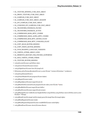 Ring Documentation, Release 1.6
• GL_TEXTURE_BINDING_CUBE_MAP_ARRAY
• GL_PROXY_TEXTURE_CUBE_MAP_ARRAY
• GL_SAMPLER_CUBE_MAP_ARRAY
• GL_SAMPLER_CUBE_MAP_ARRAY_SHADOW
• GL_INT_SAMPLER_CUBE_MAP_ARRAY
• GL_UNSIGNED_INT_SAMPLER_CUBE_MAP_ARRAY
• GL_TRANSFORM_FEEDBACK_PAUSED
• GL_TRANSFORM_FEEDBACK_ACTIVE
• GL_COMPRESSED_RGBA_BPTC_UNORM
• GL_COMPRESSED_SRGB_ALPHA_BPTC_UNORM
• GL_COMPRESSED_RGB_BPTC_SIGNED_FLOAT
• GL_COMPRESSED_RGB_BPTC_UNSIGNED_FLOAT
• GL_COPY_READ_BUFFER_BINDING
• GL_COPY_WRITE_BUFFER_BINDING
• GL_NUM_SHADING_LANGUAGE_VERSIONS
• GL_VERTEX_ATTRIB_ARRAY_LONG
• GL_PRIMITIVE_RESTART_FOR_PATCHES_SUPPORTED
• GL_MAX_VERTEX_ATTRIB_STRIDE
• GL_TEXTURE_BUFFER_BINDING
• void glAccum(GLenum op,GLﬂoat value)
• void glActiveTexture(GLenum texture)
• void glAlphaFunc(GLenum func,GLclampf ref)
• GLboolean glAreTexturesResident(GLsizei n,const GLuint * textures,GLboolean * residences)
• void glArrayElement(GLint i)
• void glAttachShader(GLuint program,GLuint shader)
• void glBegin(GLenum mode)
• void glBeginQuery(GLenum target,GLuint id)
• void glBindAttribLocation(GLuint program,GLuint index,const GLchar *name)
• void glBindBuffer(GLenum target,GLuint buffer)
• void glBindTexture(GLenum target,GLuint texture)
• void glBitmap(GLsizei width,GLsizei height,GLﬂoat xorig,GLﬂoat yorig,GLﬂoat xmove,GLﬂoat ymove,const
GLubyte * bitmap)
• void glBlendColor(GLclampf red,GLclampf green,GLclampf blue,GLclampf alpha)
• void glBlendEquation(GLenum mode)
• void glBlendEquationSeparate(GLenum modeRGB,GLenum modeAlpha)
• void glBlendFunc(GLenum sfactor,GLenum dfactor)
1508
 