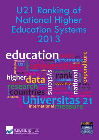 U21 Ranking of
National Higher
Education Systems
2013
education
Universitas 21
countries
research
measure
universities
data
systems
national
expenditure
performance
funding
quality
variable
nation
GDP
government
international
world
ranking
regulatory
output
indicator
environment
connectivity
academics
good
population
institution
rankhigher
students
nations
resources
private
funding
U21
highest
international
Professor
weight
Australia
China
Canada
USASingapore
Sweden
Netherlands
UK
broad
sector
Ireland
India
NewZealand
Chile
 