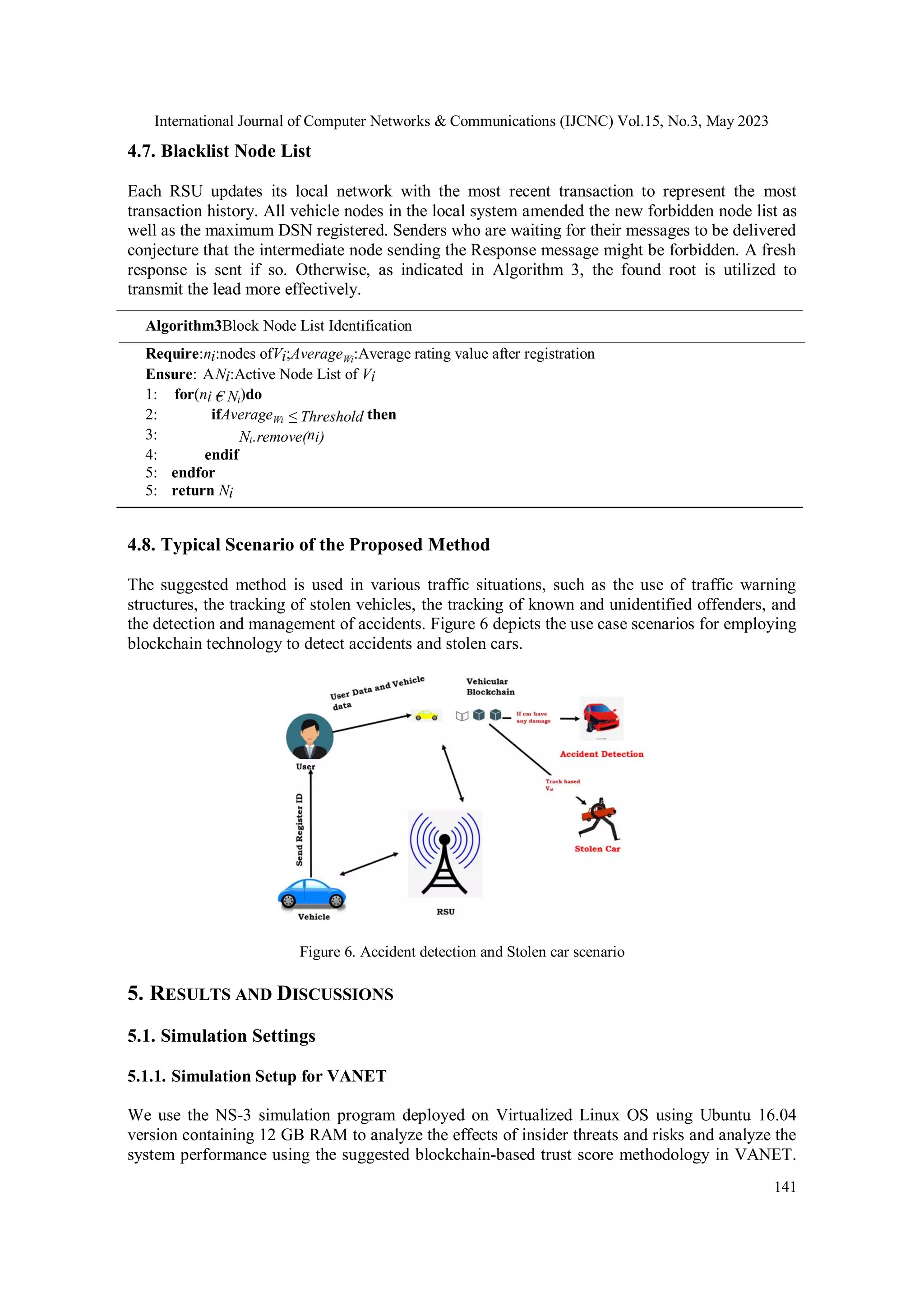 International Journal of Computer Networks & Communications (IJCNC) Vol.15, No.3, May 2023
141
4.7. Blacklist Node List
Each RSU updates its local network with the most recent transaction to represent the most
transaction history. All vehicle nodes in the local system amended the new forbidden node list as
well as the maximum DSN registered. Senders who are waiting for their messages to be delivered
conjecture that the intermediate node sending the Response message might be forbidden. A fresh
response is sent if so. Otherwise, as indicated in Algorithm 3, the found root is utilized to
transmit the lead more effectively.
Algorithm3Block Node List Identification
Require:ni:nodes ofVi;AverageWi:Average rating value after registration
Ensure: ANi:Active Node List of Vi
1: for(ni € Ni)do
2: ifAverageWi ≤ Threshold then
3: Ni.remove(ni)
4: endif
5: endfor
5: return Ni
4.8. Typical Scenario of the Proposed Method
The suggested method is used in various traffic situations, such as the use of traffic warning
structures, the tracking of stolen vehicles, the tracking of known and unidentified offenders, and
the detection and management of accidents. Figure 6 depicts the use case scenarios for employing
blockchain technology to detect accidents and stolen cars.
Figure 6. Accident detection and Stolen car scenario
5. RESULTS AND DISCUSSIONS
5.1. Simulation Settings
5.1.1. Simulation Setup for VANET
We use the NS-3 simulation program deployed on Virtualized Linux OS using Ubuntu 16.04
version containing 12 GB RAM to analyze the effects of insider threats and risks and analyze the
system performance using the suggested blockchain-based trust score methodology in VANET.
 