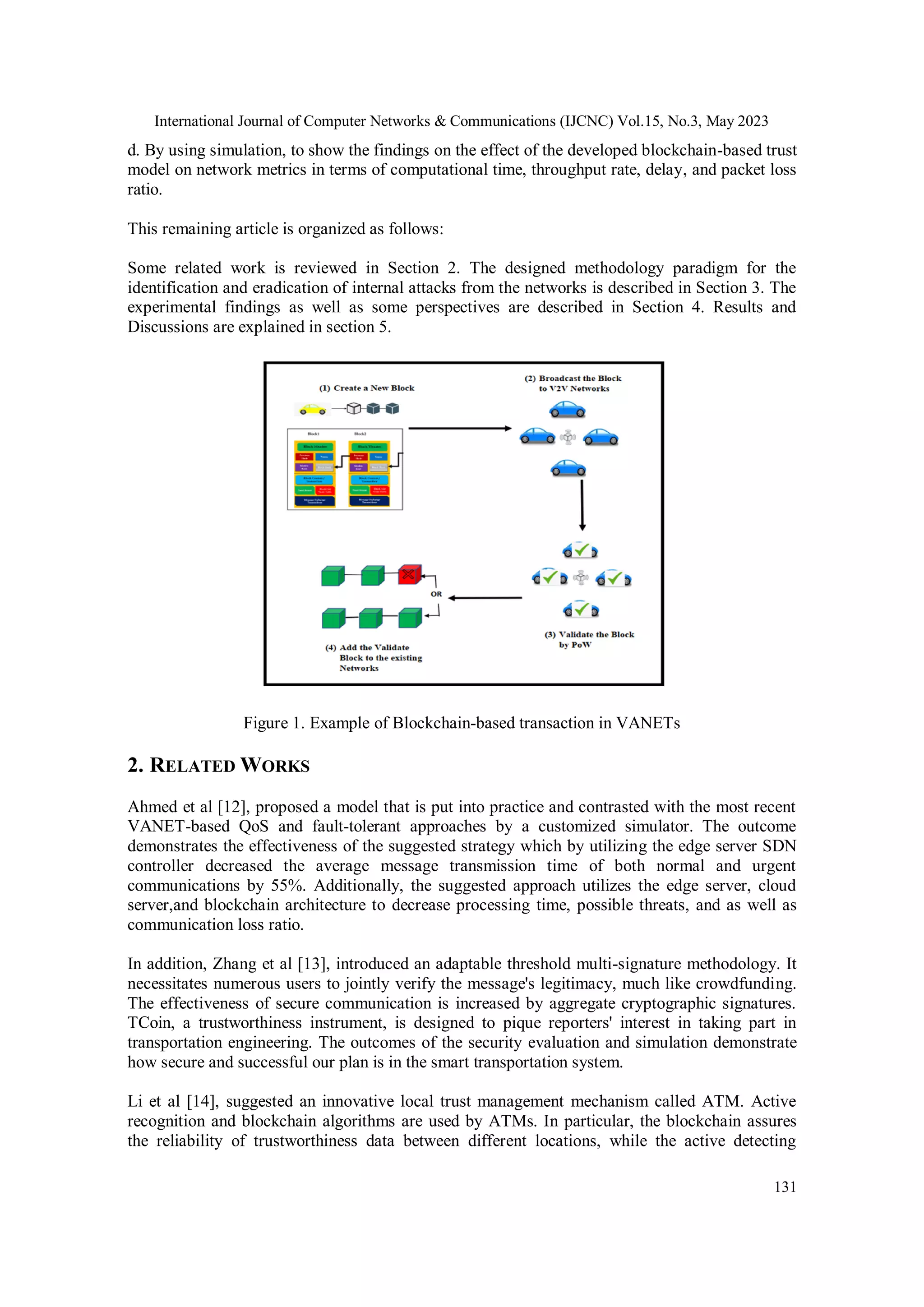 International Journal of Computer Networks & Communications (IJCNC) Vol.15, No.3, May 2023
131
d. By using simulation, to show the findings on the effect of the developed blockchain-based trust
model on network metrics in terms of computational time, throughput rate, delay, and packet loss
ratio.
This remaining article is organized as follows:
Some related work is reviewed in Section 2. The designed methodology paradigm for the
identification and eradication of internal attacks from the networks is described in Section 3. The
experimental findings as well as some perspectives are described in Section 4. Results and
Discussions are explained in section 5.
Figure 1. Example of Blockchain-based transaction in VANETs
2. RELATED WORKS
Ahmed et al [12], proposed a model that is put into practice and contrasted with the most recent
VANET-based QoS and fault-tolerant approaches by a customized simulator. The outcome
demonstrates the effectiveness of the suggested strategy which by utilizing the edge server SDN
controller decreased the average message transmission time of both normal and urgent
communications by 55%. Additionally, the suggested approach utilizes the edge server, cloud
server,and blockchain architecture to decrease processing time, possible threats, and as well as
communication loss ratio.
In addition, Zhang et al [13], introduced an adaptable threshold multi-signature methodology. It
necessitates numerous users to jointly verify the message's legitimacy, much like crowdfunding.
The effectiveness of secure communication is increased by aggregate cryptographic signatures.
TCoin, a trustworthiness instrument, is designed to pique reporters' interest in taking part in
transportation engineering. The outcomes of the security evaluation and simulation demonstrate
how secure and successful our plan is in the smart transportation system.
Li et al [14], suggested an innovative local trust management mechanism called ATM. Active
recognition and blockchain algorithms are used by ATMs. In particular, the blockchain assures
the reliability of trustworthiness data between different locations, while the active detecting
 