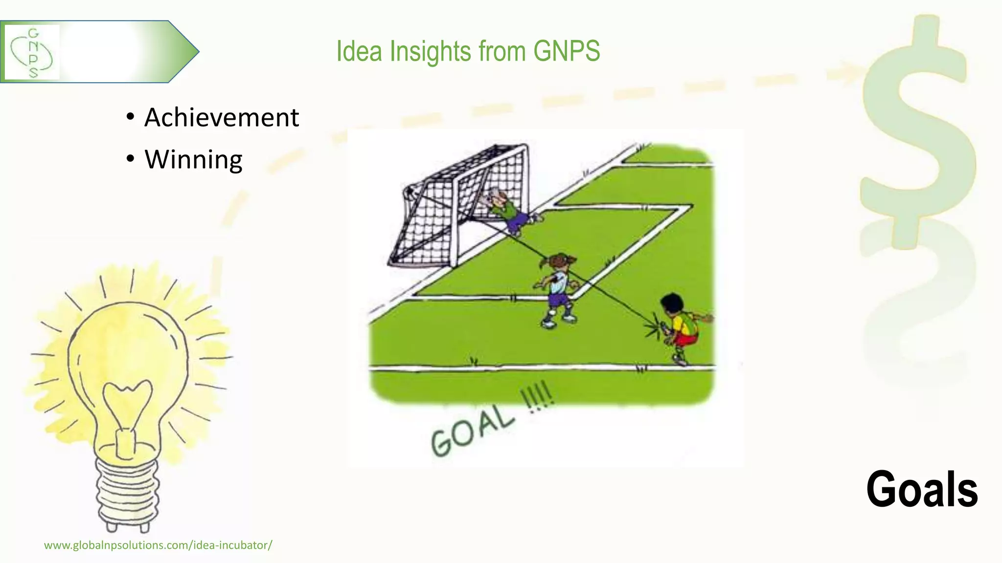 Idea Insights from GNPS
Goals
• Achievement
• Winning
www.globalnpsolutions.com/idea-incubator/
2
 