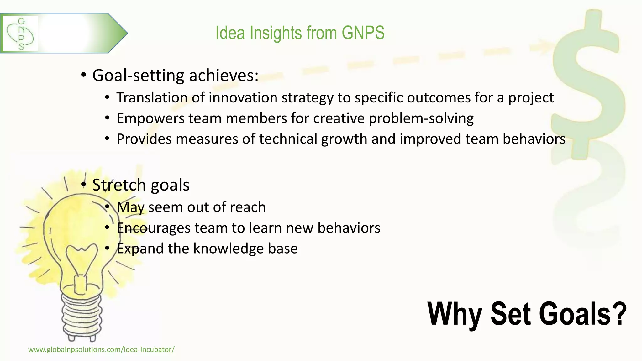 Idea Insights from GNPS
Why Set Goals?
• Goal-setting achieves:
• Translation of innovation strategy to specific outcomes for a project
• Empowers team members for creative problem-solving
• Provides measures of technical growth and improved team behaviors
• Stretch goals
• May seem out of reach
• Encourages team to learn new behaviors
• Expand the knowledge base
www.globalnpsolutions.com/idea-incubator/
3
 