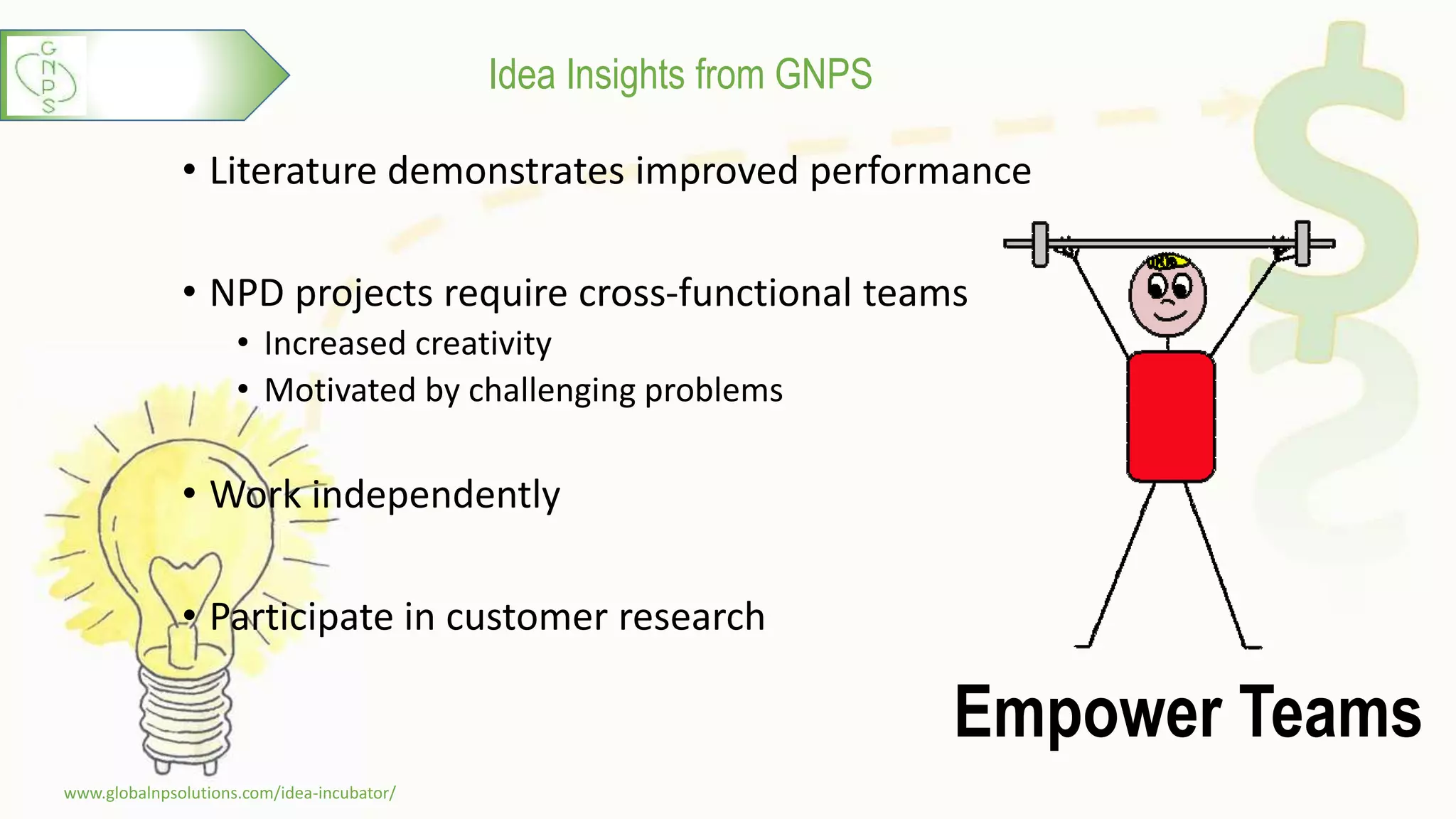 Idea Insights from GNPS
Empower Teams
• Literature demonstrates improved performance
• NPD projects require cross-functional teams
• Increased creativity
• Motivated by challenging problems
• Work independently
• Participate in customer research
www.globalnpsolutions.com/idea-incubator/
5
 