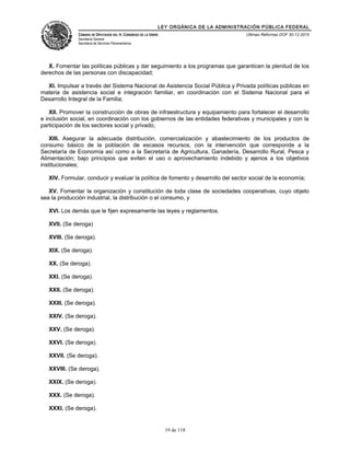 LEY ORGÁNICA DE LA ADMINISTRACIÓN PÚBLICA FEDERAL
CÁMARA DE DIPUTADOS DEL H. CONGRESO DE LA UNIÓN
Secretaría General
Secretaría de Servicios Parlamentarios
Últimas Reformas DOF 30-12-2015
X. Fomentar las políticas públicas y dar seguimiento a los programas que garanticen la plenitud de los
derechos de las personas con discapacidad;
XI. Impulsar a través del Sistema Nacional de Asistencia Social Pública y Privada políticas públicas en
materia de asistencia social e integración familiar, en coordinación con el Sistema Nacional para el
Desarrollo Integral de la Familia;
XII. Promover la construcción de obras de infraestructura y equipamiento para fortalecer el desarrollo
e inclusión social, en coordinación con los gobiernos de las entidades federativas y municipales y con la
participación de los sectores social y privado;
XIII. Asegurar la adecuada distribución, comercialización y abastecimiento de los productos de
consumo básico de la población de escasos recursos, con la intervención que corresponde a la
Secretaría de Economía así como a la Secretaría de Agricultura, Ganadería, Desarrollo Rural, Pesca y
Alimentación; bajo principios que eviten el uso o aprovechamiento indebido y ajenos a los objetivos
institucionales;
XIV. Formular, conducir y evaluar la política de fomento y desarrollo del sector social de la economía;
XV. Fomentar la organización y constitución de toda clase de sociedades cooperativas, cuyo objeto
sea la producción industrial, la distribución o el consumo, y
XVI. Los demás que le fijen expresamente las leyes y reglamentos.
XVII. (Se deroga)
XVIII. (Se deroga).
XIX. (Se deroga).
XX. (Se deroga).
XXI. (Se deroga).
XXII. (Se deroga).
XXIII. (Se deroga).
XXIV. (Se deroga).
XXV. (Se deroga).
XXVI. (Se deroga).
XXVII. (Se deroga).
XXVIII. (Se deroga).
XXIX. (Se deroga).
XXX. (Se deroga).
XXXI. (Se deroga).
19 de 118
 