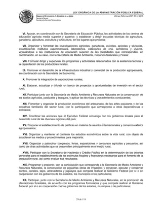 LEY ORGÁNICA DE LA ADMINISTRACIÓN PÚBLICA FEDERAL
CÁMARA DE DIPUTADOS DEL H. CONGRESO DE LA UNIÓN
Secretaría General
Secretaría de Servicios Parlamentarios
Últimas Reformas DOF 30-12-2015
VI. Apoyar, en coordinación con la Secretaría de Educación Pública, las actividades de los centros de
educación agrícola media superior y superior; y establecer y dirigir escuelas técnicas de agricultura,
ganadería, apicultura, avicultura y silvicultura, en los lugares que proceda;
VII. Organizar y fomentar las investigaciones agrícolas, ganaderas, avícolas, apícolas y silvícolas,
estableciendo institutos experimentales, laboratorios, estaciones de cría, semilleros y viveros,
vinculándose a las instituciones de educación superior de las localidades que correspondan, en
coordinación, en su caso, con la Secretaría de Medio Ambiente, Recursos Naturales y Pesca;
VIII. Formular dirigir y supervisar los programas y actividades relacionados con la asistencia técnica y
la capacitación de los productores rurales;
IX. Promover el desarrollo de la infraestructura industrial y comercial de la producción agropecuaria,
en coordinación con la Secretaría de Economía;
X. Promover la integración de asociaciones rurales;
XI. Elaborar, actualizar y difundir un banco de proyectos y oportunidades de inversión en el sector
rural;
XII. Participar junto con la Secretaría de Medio Ambiente y Recursos Naturales en la conservación de
los suelos agrícolas, pastizales y bosques, y aplicar las técnicas y procedimientos conducentes;
XIII. Fomentar y organizar la producción económica del artesanado, de las artes populares y de las
industrias familiares del sector rural, con la participación que corresponda a otras dependencias o
entidades;
XIV. Coordinar las acciones que el Ejecutivo Federal convenga con los gobiernos locales para el
desarrollo rural de las diversas regiones del país;
XV. Proponer el establecimiento de políticas en materia de asuntos internacionales y comercio exterior
agropecuarios;
XVI. Organizar y mantener al corriente los estudios económicos sobre la vida rural, con objeto de
establecer los medios y procedimientos para mejorarla;
XVII. Organizar y patrocinar congresos, ferias, exposiciones y concursos agrícolas y pecuarios, así
como de otras actividades que se desarrollen principalmente en el medio rural;
XVIII. Participar con la Secretaría de Hacienda y Crédito Público en la determinación de los criterios
generales para el establecimiento de los estímulos fiscales y financieros necesarios para el fomento de la
producción rural, así como evaluar sus resultados;
XIX. Programar y proponer, con la participación que corresponde a la Secretaría de Medio Ambiente y
Recursos Naturales, la construcción de pequeñas obras de irrigación; y proyectar, ejecutar y conservar
bordos, canales, tajos, abrevaderos y jagüeyes que competa realizar al Gobierno Federal por sí o en
cooperación con los gobiernos de los estados, los municipios o los particulares;
XX. Participar, junto con la Secretaría de Medio Ambiente y Recursos Naturales, en la promoción de
plantaciones forestales, de acuerdo con los programas formulados y que competa realizar al Gobierno
Federal, por sí o en cooperación con los gobiernos de los estados, municipios o de particulares;
29 de 118
 