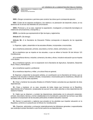 LEY ORGÁNICA DE LA ADMINISTRACIÓN PÚBLICA FEDERAL
CÁMARA DE DIPUTADOS DEL H. CONGRESO DE LA UNIÓN
Secretaría General
Secretaría de Servicios Parlamentarios
Últimas Reformas DOF 30-12-2015
XXIV.- Otorgar concesiones o permisos para construir las obras que le corresponda ejecutar;
XXV.- Cuidar de los aspectos ecológicos y los relativos a la planeación del desarrollo urbano, en los
derechos de vía de las vías federales de comunicación;
XXVI.- Promover y, en su caso, organizar la capacitación, investigación y el desarrollo tecnológico en
materia de comunicaciones y transportes, y
XXVII.- Los demás que expresamente le fijen las leyes y reglamentos.
Artículo 37.- (Se deroga)
Artículo 38.- A la Secretaría de Educación Pública corresponde el despacho de los siguientes
asuntos:
I.- Organizar, vigilar y desarrollar en las escuelas oficiales, incorporadas o reconocidas;
a) La enseñanza preescolar, primaria, secundaria y normal, urbana, semiurbana y rural.
b) La enseñanza que se imparta en las escuelas, a que se refiere la fracción XII del Artículo 123
Constitucional.
c) La enseñanza técnica, industrial, comercial y de artes y oficios, incluida la educación que se imparta
a los adultos.
d) La enseñanza agrícola, con la cooperación de la Secretaría de Agricultura, Ganadería, Desarrollo
Rural, Pesca y Alimentación;
e) La enseñanza superior y profesional.
f) La enseñanza deportiva y militar, y la cultura física en general;
II. Organizar y desarrollar la educación artística, en coordinación con la Secretaría de Cultura, que se
imparta en las escuelas e institutos oficiales, incorporados o reconocidos para la enseñanza y difusión de
las bellas artes y de las artes populares;
III.- Crear y mantener las escuelas oficiales en el Distrito Federal, excluidas las que dependen de otras
dependencias;
IV.- Crear y mantener, en su caso, escuelas de todas clases que funcionen en la República,
dependientes de la Federación, exceptuadas las que por la Ley estén adscritas a otras dependencias del
Gobierno Federal;
V.- Vigilar que se observen y cumplan las disposiciones relacionadas con la educación preescolar,
primaria, secundaria, técnica y normal, establecidas en la Constitución y prescribir las normas a que debe
ajustarse la incorporación de las escuelas particulares al sistema educativo nacional;
VI.- Ejercer la supervisión y vigilancia que proceda en los planteles que impartan educación en la
República, conforme a lo prescrito por el Artículo 3o. Constitucional;
VII.- Organizar, administrar y enriquecer sistemáticamente las bibliotecas generales o especializadas
que sostenga la propia Secretaría o que formen parte de sus dependencias;
32 de 118
 