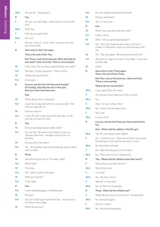 Movers
Listening
Mch Yes we did. They loved it!
R Five
F Oh, yes, one last thing – what was the name of the
zoo?
Mch Wild Zoo.
F How do you spell that?
Mch W-I-L-D.
F Oh yes, I know it. Good. Well, now you can start
your homework.
R Now listen to Part Two again.
That is the end of Part Two.
Part Three. Look at the pictures. What did Sally do
last week? Listen and look. There is one example.
M Hello, Sally. Did you have a good holiday last week?
Fch Not bad. Sunday was good. I flew my kite!
M Where did you do that?
Fch In the park.
R Can you see the line from the word Sunday?
On Sunday, Sally flew her kite in the park.
Now you listen and draw lines.
One
M What did you do on Saturday?
Fch I went for a long walk with my mum and dad. We
took our dog with us.
M Did you enjoy it?
Fch It was OK, but it was very windy that day. In the
evening, we were all tired.
R Two
M Did you go shopping last week, Sally?
Fch Yes, we did. We went to the shops in town on
Monday afternoon. I bought a present for my
grandpa.
M Did you drive into town?
Fch Yes. The weather was terrible that day and we didn’t
want to walk.
R Three
M And what did you do on Thursday, Sally?
Fch Which day?
M Thursday.
Fch Oh, I rode my bike in the park.
M With your friends?
Fch That’s right.
R Four
Fch I went shopping again on Wednesday!
M Did you?
Fch Yes, but I didn’t go to town that day. I only went to
the shop in the village.
M What did you buy?
Fch Oh, we needed some bread and milk.
M Did you walk there?
Fch Yes, it’s very near.
R Five
M Which was your best day last week?
Fch Friday, I think.
M Why? Did you go shopping again?
Fch No! I don’t go shopping every day, you know! I
invited my favourite cousin to come and play with
me.
M Oh. That was good. What did you do with her?
Fch We took our dogs for a walk in the fields. It was very
hot that day.
M Great!
R Now listen to Part Three again.
That is the end of Part Three.
Part Four. Look at the pictures. Listen and look.
There is one example.
Where did Jim see the film?
Mch I saw a good film last week.
F Oh, did your Mum take you to the cinema?
Mch No…
F Was it at your school, then?
Mch No, it was at my birthday party.
F Oh, I see!
Mch It was a DVD.
R Can you see the tick? Now you listen and tick the
box.
One. Where did the rabbits in the film go?
Mch The film was about some rabbits.
F Oh. I know the one. They have to find a new home.
Did they go to live with the animals in a zoo?
Mch No, they didn’t do that!
F Oh. Well, did they go to a farm then?
Mch No. They went to live in a big forest.
R Two. Where did the children have their lunch?
F What did you do after the film?
Mch We all had lunch.
F In a café?
Mch No. We had a picnic.
F Where? In the park?
Mch No, we had it in my garden.
R Three. What did the children eat?
F What did you have for your lunch? Sandwiches?
Mch No, we had burgers.
F And ice-cream?
Mch No. We had some grapes.
 