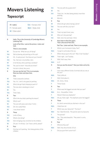Movers
Listening
R = rubric
F = Female adult
M = Male adult
Fch = Female child
Mch = Male child
Movers Listening
Tapescript
R Hello. This is the University of Cambridge Movers
Listening Test.
Look at Part One. Look at the picture. Listen and
look.
There is one example.
M Excuse me. What are you all doing?
Fch We’re drawing and painting on this wall.
M Oh. A wall picture! Are these all your friends?
Fch Yes. But one is my brother, John.
M Is he the boy who’s painting a rainbow?
Fch Yes, you’re clever! How did you know?
M His hair is blond, like yours.
R Can you see the line? This is an example.
Now you listen and draw lines.
One
M That’s a beautiful rainbow.
Fch Yes, it is. John’s very good at painting.
M Who’s the girl that’s helping to paint it?
Fch The one who’s standing on a box?
M Yes.
Fch That’s Sally.
R Two
M Who’s the boy that’s painting the leaves?
Fch Which one?
M The one with jeans and a blue T-shirt.
Fch Oh, he’s called Peter.
M I love those leaves!
R Three
Fch Look at Daisy.
M What’s she doing?
Fch She’s bringing a box of drinks for the children.
M Oh yes! I’m thirsty. Can I have a drink, please?
R Four
M One boy isn’t painting. He’s taking photos of the
children.
Fch The one with the purple shirt?
M Yes.
Fch That’s Jim. He likes taking photos more than
painting.
M Mmmm.
R Five
M Who’s the girl who’s having a drink?
Fch The one with the curly hair?
M Yes.
Fch That’s my best friend, Jane.
M Why isn’t she painting?
Fch Well, she’s hot and tired, I think.
R Now listen to Part One again.
That is the end of Part One.
Part Two. Listen and look. There is one example.
F What’s your homework today, Paul?
Mch I’ve got to write about the zoo.
F When did you go to the zoo? Was it last Tuesday?
Mch That’s right. Last Tuesday.
F Well, that’s easy, then.
Mch Is it?
R Can you see the answer? Now you listen and write.
One
F How many different kinds of animals did you see at
the zoo?
Mch That’s difficult.
F Well, think about it.
Mch Oh…thirty, I think.
F Thirty! Good.
R Two
F What were the biggest animals that you saw?
Mch Erm… the giraffes, I think.
F Weren’t there any elephants?
Mch Oh yes, that’s right. The elephants were the biggest!
R Three
F So, which animal did you like best in the zoo?
Mch I liked them all.
F Which was your favourite? The lions?
Mch No, I liked the birds. The parrots were my favourite.
F The parrots?
Mch Yes. They were beautiful. They were in a very
big cage.
R Four
F What do they eat?
Mch Well, they like all kinds of fruit.
F Did you give them some fruit?
 
