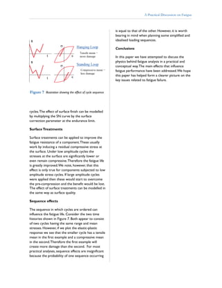 cycles.The effect of surface finish can be modelled
by multiplying the SN curve by the surface
correction parameter at the endurance limit.
Surface treatments can be applied to improve the
fatigue resistance of a component.These usually
work by inducing a residual compressive stress at
the surface. Under low amplitude cycles the
stresses at the surface are significantly lower or
even remain compressive.Therefore the fatigue life
is greatly improved.We note, however, that this
effect is only true for components subjected to low
amplitude stress cycles. If large amplitude cycles
were applied then these would start to overcome
the pre-compression and the benefit would be lost.
The effect of surface treatments can be modelled in
the same way as surface quality.
The sequence in which cycles are ordered can
influence the fatigue life. Consider the two time
histories shown in Figure 7. Both appear to consist
of two cycles having the same range and mean
stresses. However, if we plot the elastic-plastic
response we see that the smaller cycle has a tensile
mean in the first example and a compressive mean
in the second.Therefore the first example will
create more damage than the second. For most
practical analyses, sequence effects are insignificant
because the probability of one sequence occurring
is equal to that of the other. However, it is worth
bearing in mind when planning some simplified and
idealised loading sequences.
In this paper we have attempted to discuss the
physics behind fatigue analysis in a practical and
conceptual way.The main effects that influence
fatigue performance have been addressed.We hope
this paper has helped form a clearer picture on the
key issues related to fatigue failure.
SurfaceTreatments
Sequence effects
Conclusions
Figure 7 Illustration showing the effect of cycle sequence
A Practical Discussion on Fatigue
 