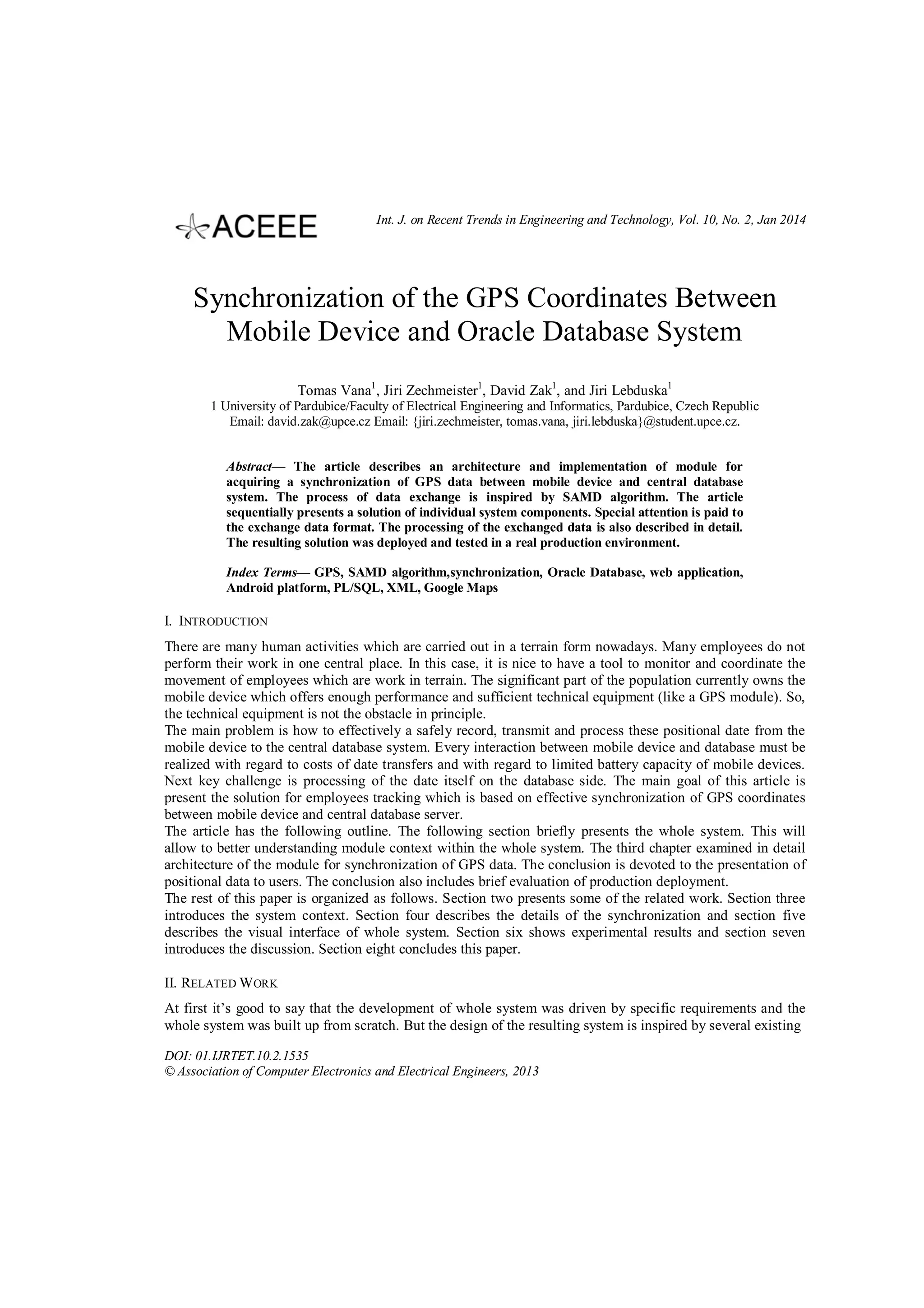 Synchronization of the GPS Coordinates Between Mobile Device and Oracle ...