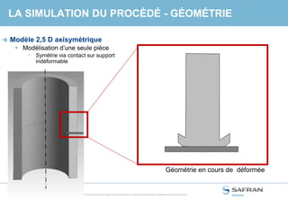 24 /
Ce document et les informations qu’il contient sont la propriété de Snecma. Ils ne doivent pas être copiés ni communiqués à un tiers sans l’autorisation préalable et écrite de Snecma.
LA SIMULATION DU PROCÉDÉ - GÉOMÉTRIE
SNS- 2014 / SNECMA
Géométrie en cours de déformée
 Modèle 2,5 D axisymétrique
 Modélisation d’une seule pièce
 Symétrie via contact sur support
indéformable
 