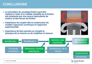 37 /
Ce document et les informations qu’il contient sont la propriété de Snecma. Ils ne doivent pas être copiés ni communiqués à un tiers sans l’autorisation préalable et écrite de Snecma.
CONCLUSIONS
 La simulation du soudage friction peut être
réalisée à l’aide d’un modèle simplifié où la friction
est remplacée par une source équivalente de
chaleur et des forces de friction
 Importance de coupler dès la construction du
modèle l’approche numérique et l’approche
expérimentale
 Importance de bien prendre en compte la
physique de la mesure ou de modéliser la mesure
SNS- 2014 / SNECMA
Identification Modélisation
Validation des
hypothèse
Pré-étude
numérique
Comparaison
des résultats
Réalisation d’essais
spécifiques
Modélisation de la
mesure
Expérimental
Numérique
 