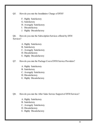 33
Q5. How do you rate the Installation Charge of DTH?
F. Highly Satisfactory
G. Satisfactory
H. Averagely Satisfactory
I. Dissatisfactory
J. Highly Dissatisfactory
Q6. How do you rate the Subscription Services offered by DTH
Services?
A. Highly Satisfactory
B. Satisfactory
C. Averagely Satisfactory
D. Dissatisfactory
E. Highly Dissatisfactory
Q7. How do you rate the Package Costof DTH Service Providers?
A. Highly Satisfactory
B. Satisfactory
C. Averagely Satisfactory
D. Dissatisfactory
E. Highly Dissatisfactory
Q8. How do you rate the After Sales Service Supportof DTH Services?
A. Highly Satisfactory
B. Satisfactory
C. Averagely Satisfactory
D. Dissatisfactory
E. Highly Dissatisfactory
 