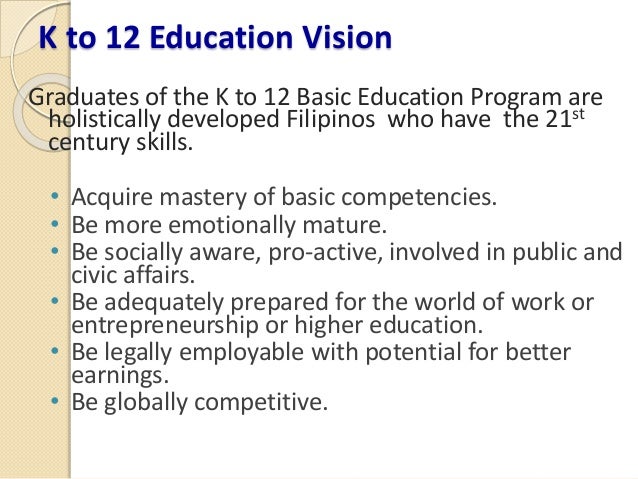 reaction paper on k 12 basic curriculum program The k-12 basic education program proposed by the department of education adds two years of secondary education to enable grad- uates to pursue one of three tracks. reaction paper on k 12 basic curriculum program The k-12 basic education program proposed by the department of education adds two years of secondary education to enable grad- uates to pursue one of three tracks.