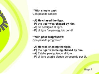 Page 7
* With simple past:
Con pasado simple:
- A) He chased the tiger.
- P) the tiger was chased by him.
- A) Se persiguió al tigre.
- P) el tigre fue perseguido por él.
* With past progressive:
Con pasado progresivo:
- A) He was chasing the tiger.
- P) the tiger was being chased by him.
- A) Estaba persiguiendo al tigre.
- P) el tigre estaba siendo perseguido por él.
 