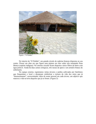 Figura 1. “O Ninhão”.
No interior de “O Ninhão”, um grande círculo de cadeiras brancas dispostas no seu
centro. Possui um altar em que figura uma pintura em óleo sobre tela retratando Pena
Branca (espírito indígena). No entorno circular ficam dispostos vários filtros de barro com
água potável. Ainda há duas camas cirúrgicas, três mesas de apoio e um armário branco de
enfermaria.
No espaço externo, registramos várias árvores e jardins cultivados por familiares
que frequentam o local e desejaram simbolizar a ternura da vida dos entes que já
“desencarnaram”, acrescentando, além do nome pessoal em cada árvore, um adjetivo que
marcou a vida na terra daqueles que já se foram. (Figura 2):
 