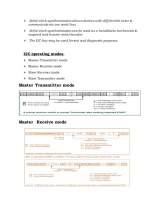  Serial clock synchronization allows devices with differentbit rates to
communicate via one serial bus.
 Serial clock synchronization can be used as a handshake mechanism to
suspend and resume serial transfer.
 The I2C-bus may be used for test and diagnostic purposes.
I2C operating modes:
 Master Transmitter mode
 Master Receiver mode
 Slave Receiver mode
 Slave Transmitter mode
Master Transmitter mode
Master Receive mode
 