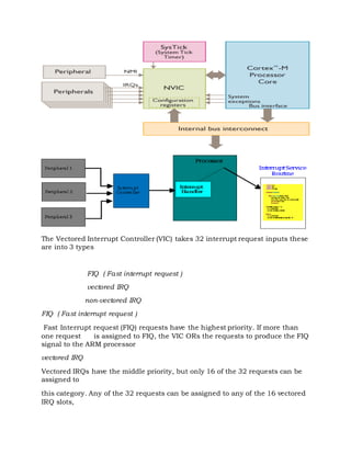The Vectored Interrupt Controller (VIC) takes 32 interrupt request inputs these
are into 3 types
FIQ ( Fast interrupt request )
vectored IRQ
non-vectored IRQ
FIQ ( Fast interrupt request )
Fast Interrupt request (FIQ) requests have the highest priority. If more than
one request is assigned to FIQ, the VIC ORs the requests to produce the FIQ
signal to the ARM processor
vectored IRQ
Vectored IRQs have the middle priority, but only 16 of the 32 requests can be
assigned to
this category. Any of the 32 requests can be assigned to any of the 16 vectored
IRQ slots,
 