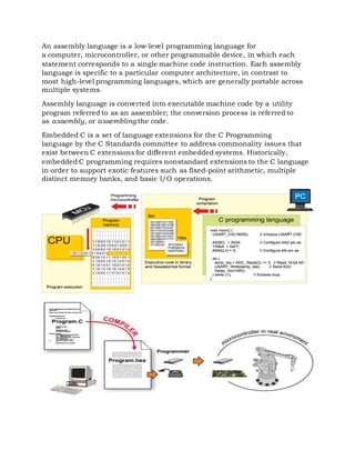 An assembly language is a low-level programming language for
a computer, microcontroller, or other programmable device, in which each
statement corresponds to a single machine code instruction. Each assembly
language is specific to a particular computer architecture, in contrast to
most high-level programming languages, which are generally portable across
multiple systems.
Assembly language is converted into executable machine code by a utility
program referred to as an assembler; the conversion process is referred to
as assembly, or assembling the code.
Embedded C is a set of language extensions for the C Programming
language by the C Standards committee to address commonality issues that
exist between C extensions for different embedded systems. Historically,
embedded C programming requires nonstandard extensions to the C language
in order to support exotic features such as fixed-point arithmetic, multiple
distinct memory banks, and basic I/O operations.
 