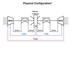 Physical Configuration*
MUX MUX
Add/drop
multiplexer
Regenerator Regenerator
Section Section Section Section
Line Line
Path
 