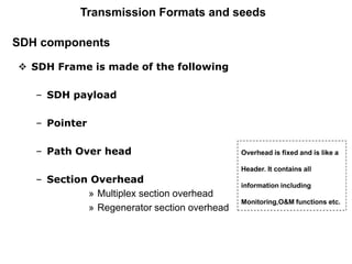 SDH components
 SDH Frame is made of the following
– SDH payload
– Pointer
– Path Over head
– Section Overhead
» Multiplex section overhead
» Regenerator section overhead
Overhead is fixed and is like a
Header. It contains all
information including
Monitoring,O&M functions etc.
Transmission Formats and seeds
 