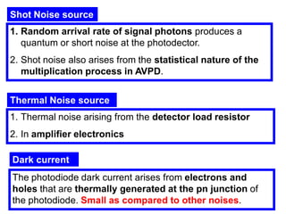 Shot Noise source
1. Random arrival rate of signal photons produces a
quantum or short noise at the photodector.
2. Shot noise also arises from the statistical nature of the
multiplication process in AVPD.
Thermal Noise source
1. Thermal noise arising from the detector load resistor
2. In amplifier electronics
Dark current
The photodiode dark current arises from electrons and
holes that are thermally generated at the pn junction of
the photodiode. Small as compared to other noises.
 