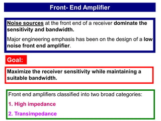 Front- End Amplifier
Noise sources at the front end of a receiver dominate the
sensitivity and bandwidth.
Major engineering emphasis has been on the design of a low
noise front end amplifier.
Goal:
Maximize the receiver sensitivity while maintaining a
suitable bandwidth.
Front end amplifiers classified into two broad categories:
1. High impedance
2. Transimpedance
 