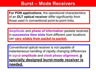 Burst – Mode Receivers
For PON applications, the operational characteristics
of an OLT optical receiver differ significantly from
those used in conventional point-to-point links.
Amplitude and phase of information packets received
in successive time slots from different user locations
can vary widely from packet to packet.
Conventional optical receiver is not capable of
instantaneous handling of rapidly changing differences
in signal amplitude and clock phase alignment, a
specially designed burst-mode receiver is
needed.
 