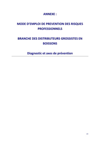 19
ANNEXE :
MODE D’EMPLOI DE PREVENTION DES RISQUES
PROFESSIONNELS
BRANCHE DES DISTRIBUTEURS GROSSISTES EN
BOISSONS
Diagnostic et axes de prévention
 