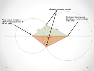 Ponta seca do compasso
(abertura no comprimento de
um dos lados)
Ponta seca do compasso
(abertura no comprimento do
outro lado)
Marca os pontos de encontro
10 cm
 