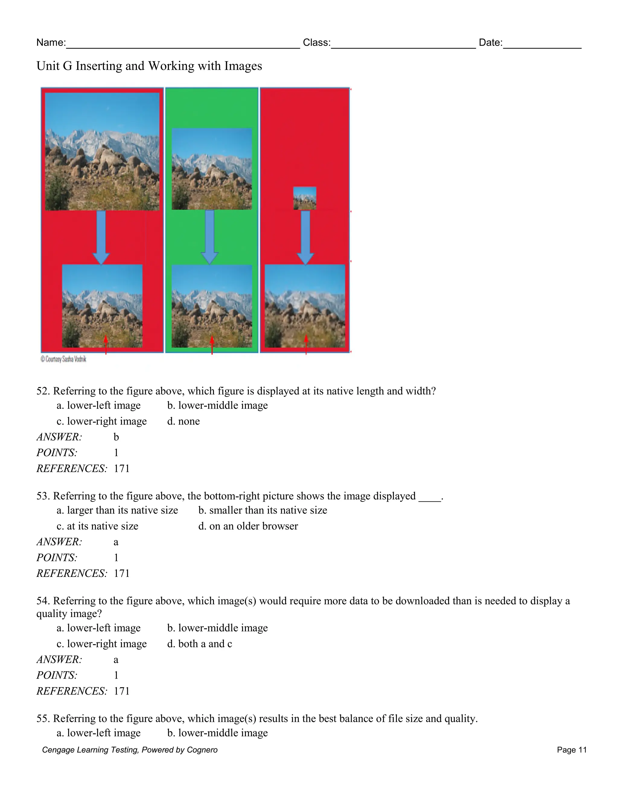 Name: Class: Date:
Unit G Inserting and Working with Images
Cengage Learning Testing, Powered by Cognero Page 11
52. Referring to the figure above, which figure is displayed at its native length and width?
a. lower-left image b. lower-middle image
c. lower-right image d. none
ANSWER: b
POINTS: 1
REFERENCES: 171
53. Referring to the figure above, the bottom-right picture shows the image displayed ____.
a. larger than its native size b. smaller than its native size
c. at its native size d. on an older browser
ANSWER: a
POINTS: 1
REFERENCES: 171
54. Referring to the figure above, which image(s) would require more data to be downloaded than is needed to display a
quality image?
a. lower-left image b. lower-middle image
c. lower-right image d. both a and c
ANSWER: a
POINTS: 1
REFERENCES: 171
55. Referring to the figure above, which image(s) results in the best balance of file size and quality.
a. lower-left image b. lower-middle image
 