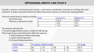 28
ORTHOGONAL ARRAYS: CASE STUDY II
Consider a process, of producing steel springs, is generating considerable scrap due to cracking after heat
treatment. A study is planned to determine better operating conditions to reduce the cracking problem.
There are several ways to measure cracking
- Size of the crack
- Presence or absence of cracks
The response selected was
Y: the percentage without cracks in a batch of 100 springs
Three major factors were believed to affect the response
- T: Steel temperature before quenching
- C: carbon content (percent)
- O: Oil quenching temperature
 