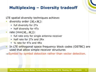 16Marius Pesavento, Willem Mulder, Femto Forum Plenary, June 2010, Reading, UK © mimoOn
Multiplexing – Diversity tradeoff
LTE spatial diversity techniques achieve:
 diversity order (Mt£Mr):
 full diversity for 2Tx
 half diversity for 4Tx
 rate (min(Mt , Mr)):
 full rate only for single antenna receiver
 half rate for 2Tx and 2Rx
 ¼ rate for 4Tx and 4Rx
 In LTE orthogonal space frequency block codes (OSTBC) are
used that allow simple receiver structures
⇒Symbol by symbol detection rather than vector detection.
 