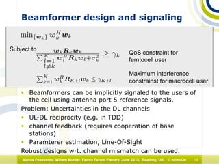 19Marius Pesavento, Willem Mulder, Femto Forum Plenary, June 2010, Reading, UK © mimoOn
Beamformer design and signaling
 Beamformers can be implicitly signaled to the users of
the cell using antenna port 5 reference signals.
Problem: Uncertainties in the DL channels
 UL-DL reciprocity (e.g. in TDD)
 channel feedback (requires cooperation of base
stations)
 Paramterer estimation, Line-Of-Sight
Robust designs wrt. channel mismatch can be used.
Subject to
QoS constraint for
femtocell user
Maximum interference
constrainst for macrocell user
 
