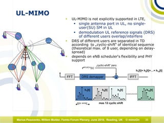 36Marius Pesavento, Willem Mulder, Femto Forum Plenary, June 2010, Reading, UK © mimoOn
UL-MIMO
 UL-MIMO is not explicitly supported in LTE,
 single antenna port in UL, no single-
user(SU) SM in UL
 demodulation UL reference signals (DRS)
of different users overlap/interfere
 DRS of different users are separated in TD
according to „cyclic-shift“ of identical sequence
(theoretical max. of 8 user, depending on delay-
spread)
 depends on eNB scheduler‘s flexibility and PHY
support
delay spread max 12 cyclic shift
h1[t] h2[t] h3[t] h12[t]
r*PUSCH(k)
DRS demapperFFT x
h1[t]+ h2[t]+…+ h12[t]
„cyclic-shift“ zero
IFFT
 