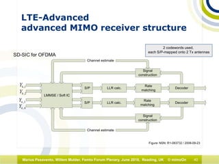 40Marius Pesavento, Willem Mulder, Femto Forum Plenary, June 2010, Reading, UK © mimoOn
LTE-Advanced
advanced MIMO receiver structure
SD-SIC for OFDMA
2 codewords used,
each S/P-mapped onto 2 Tx antennas
1,kY
2,kY
LMMSE / Soft IC
LLR calc.
Rate
matching
LLR calc.
Decoder
Decoder
Signal
construction
Signal
construction
Channel estimate
Channel estimate
3,kY
4,kY
S/P
S/P
Rate
matching
Figure: NSN: R1-083732 / 2008-09-23
 