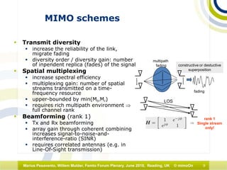 9Marius Pesavento, Willem Mulder, Femto Forum Plenary, June 2010, Reading, UK © mimoOn
MIMO schemes
 Transmit diversity
 increase the reliability of the link,
migrate fading
 diversity order / diversity gain: number
of inpendent replica (fades) of the signal
 Spatial multiplexing
 increase spectral efficiency
 multiplexing gain: number of spatial
streams transmitted on a time-
frequency resource
 upper-bounded by min(Mt,Mr)
 requires rich multipath environment ⇒
full channel rank
 Beamforming (rank 1)
 Tx and Rx beamforming
 array gain through coherent combining
increases signal-to-noise-and-
interference-ratio (SINR)
 requires correlated antennas (e.g. in
Line-Of-Sight transmission)
fading
multipath
fading constructive or destuctive
superposition
LOS
⇒
rank 1
Single stream
only!
 