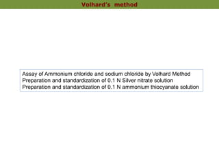 Assay of Ammonium chloride and sodium chloride by Volhard Method
Preparation and standardization of 0.1 N Silver nitrate solution
Preparation and standardization of 0.1 N ammonium thiocyanate solution
Volhard’s method
 